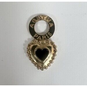 Heart shaped Pendant VTG French Designer Agatha Paris Gold Tone & Black Enamel‎